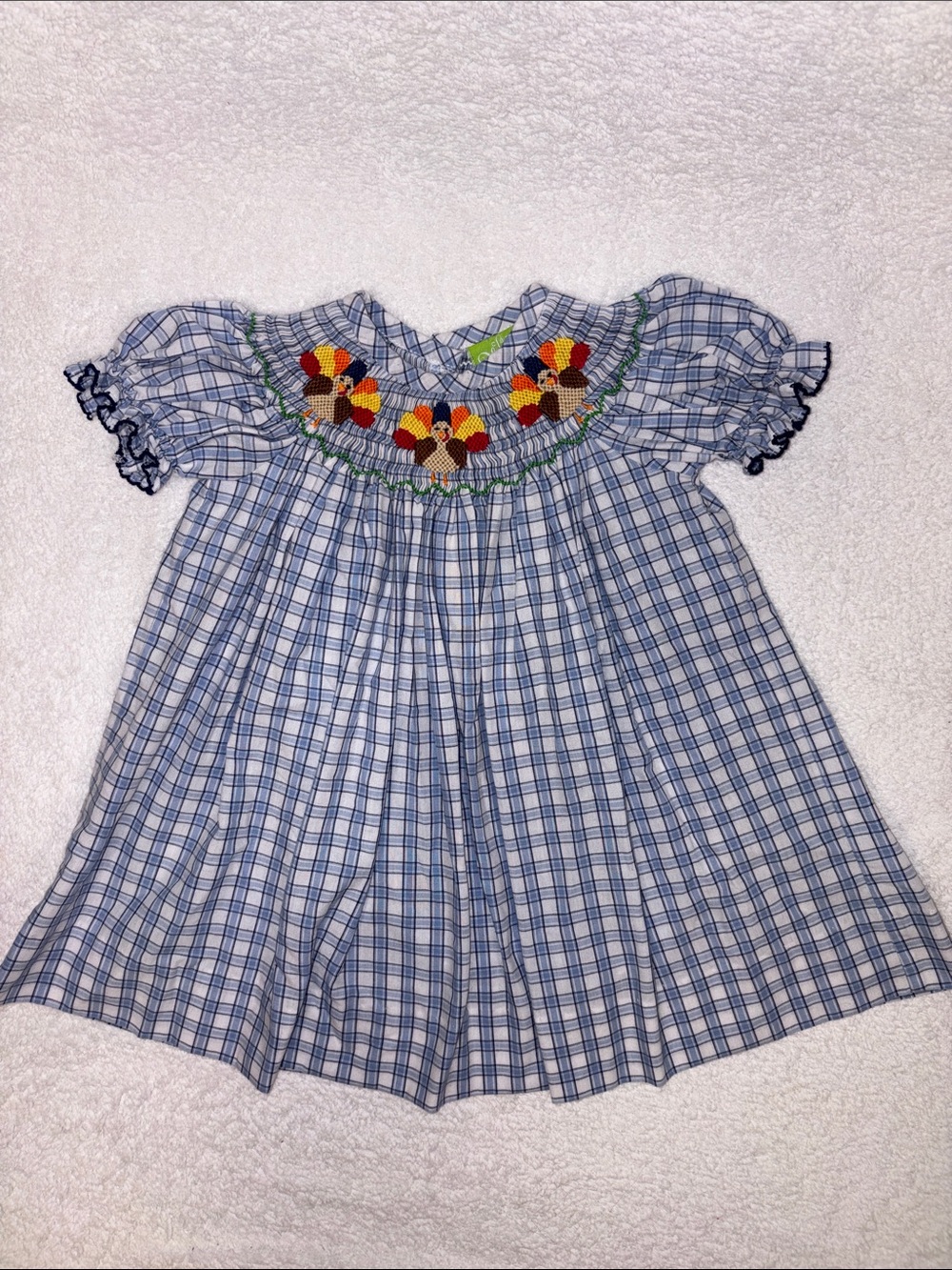 Classic whimsy Blue Plaid Smocked turkey thanksgiving dress 9m